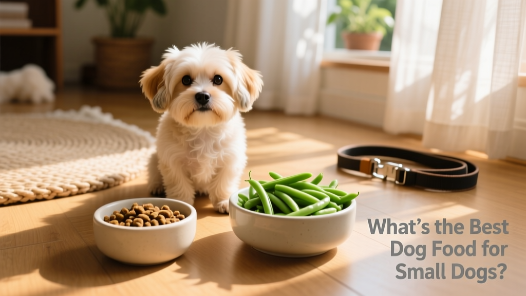 A small dog sitting beside two small bowls—one with kibble, one with fresh green beans