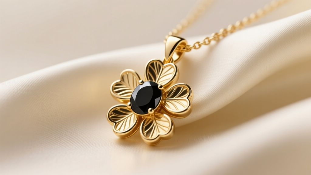 Macro shot of an 18k gold clover necklace pendant with black onyx, resting on draped ivory silk under soft warm studio lighting