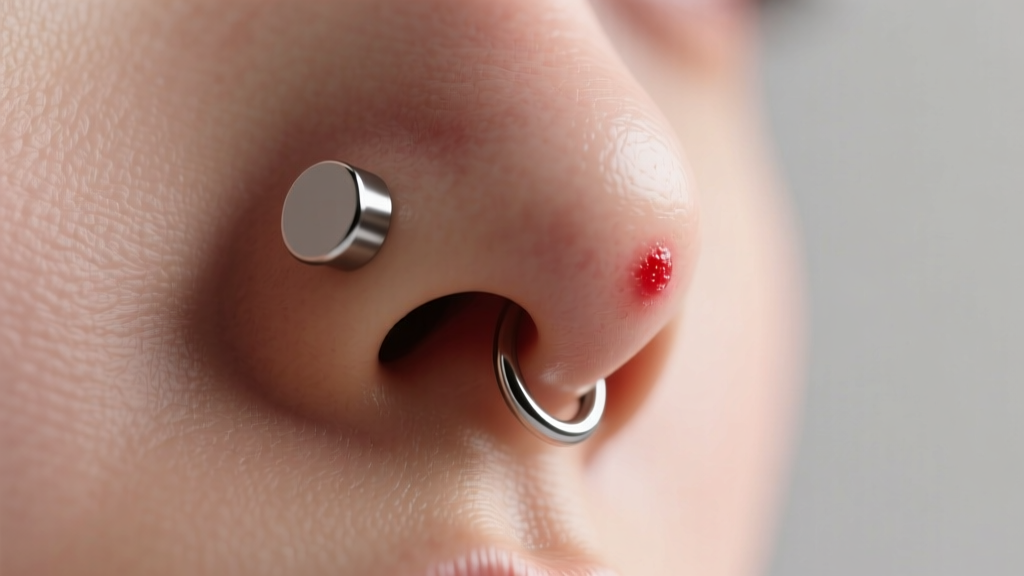 Close-up of a healing nostril piercing with a small red irritation bump next to a flat back titanium stud, soft clinical lighting.