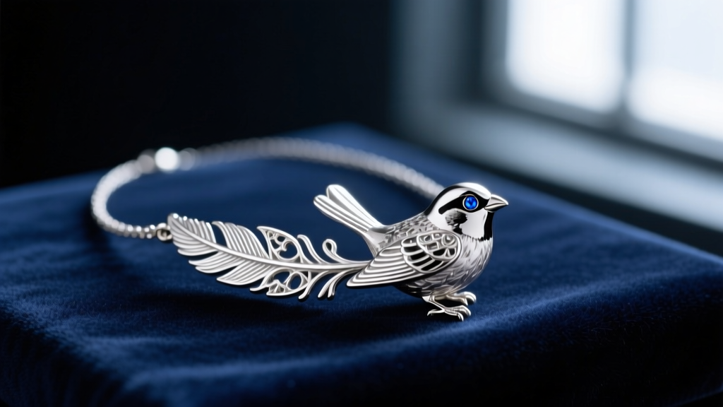 Silver alice in wonderland sparrow necklace on dark velvet, showing detailed feather engravings and a tiny blue sapphire eye gem.