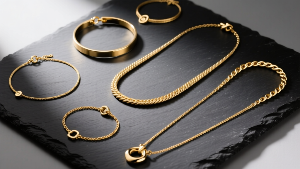 Overhead flat lay of various gold necklace lengths from choker to opera, arranged neatly on dark slate with soft studio lighting