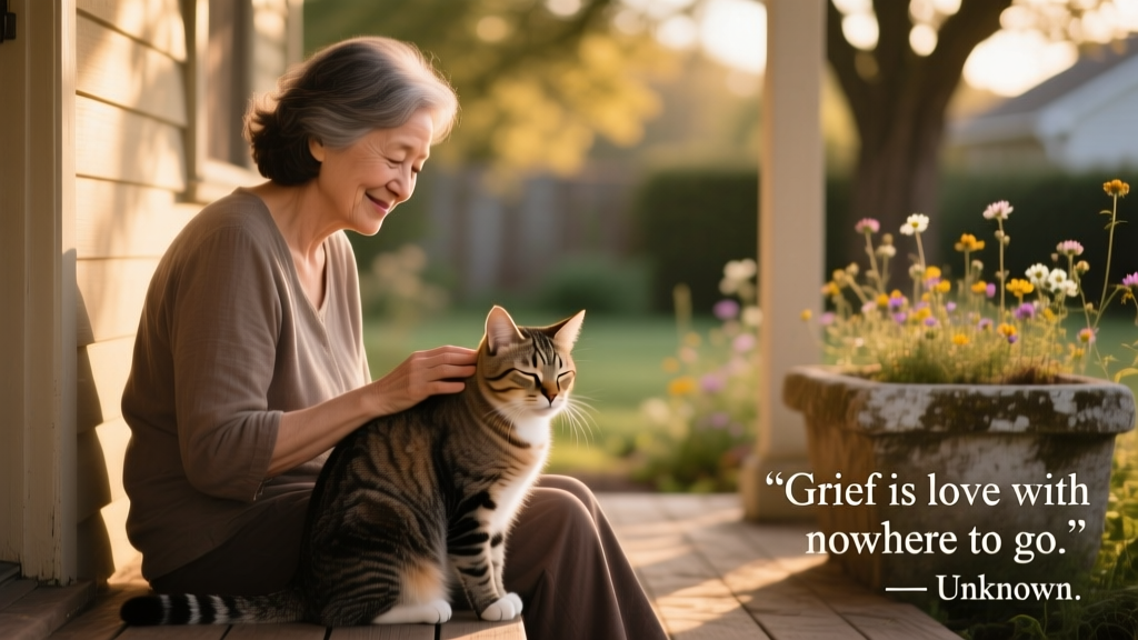 A person gently stroking their cat, both relaxed and connected