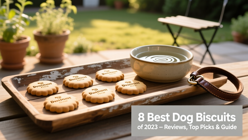 Assorted dog biscuits arranged on a rustic wooden tray beside a water bowl and leash