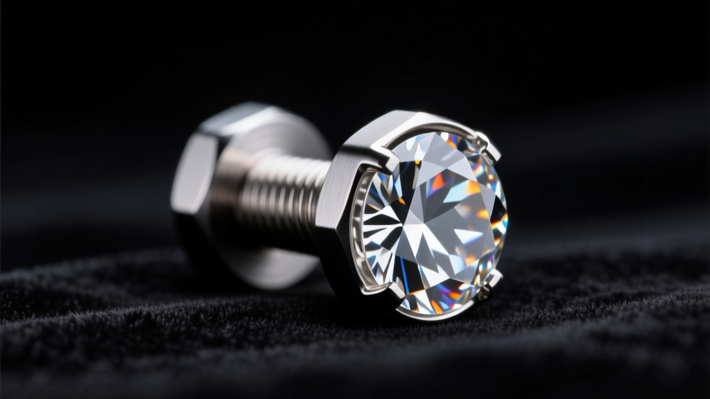 Macro shot of an 18-gauge internally threaded titanium flat back post and diamond front on dark velvet under soft light.