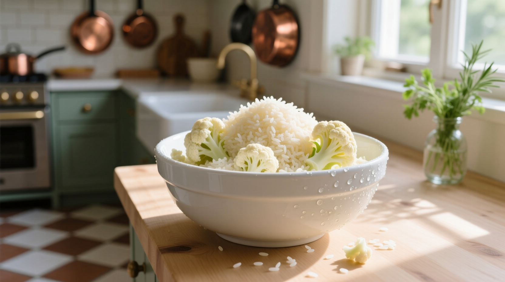 Fresh riced cauliflower in mixing bowl with florets