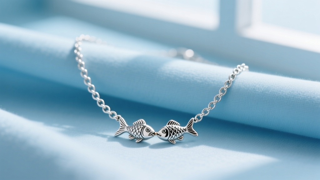Close-up of an argentium silver chain necklace with a dual-fish pisces charm, showcasing polished links against soft blue fabric
