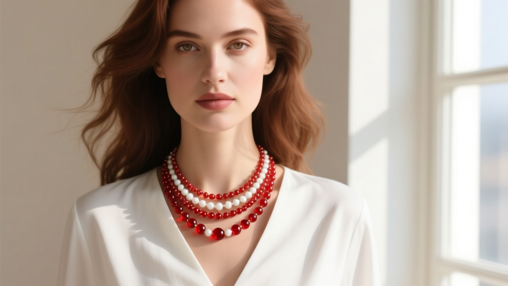 Close-up of a woman wearing a layered red and white bead necklace over a white V-neck blouse in bright, natural daylight.