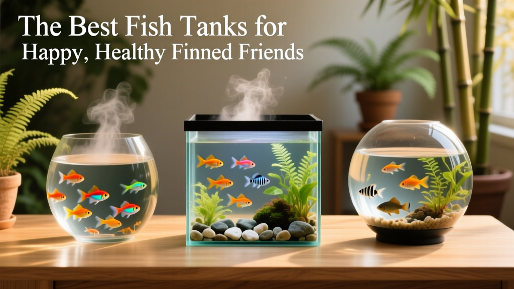 Side-by-side comparison of three different aquarium styles: minimalist rimless, classic rectangular glass, and modern spherical biOrb design