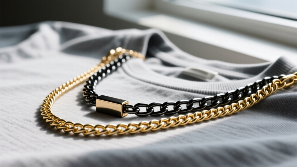 Macro shot of a 5mm PVD gold rope chain and a 3mm black steel box chain layered together against a grey cotton t-shirt background.