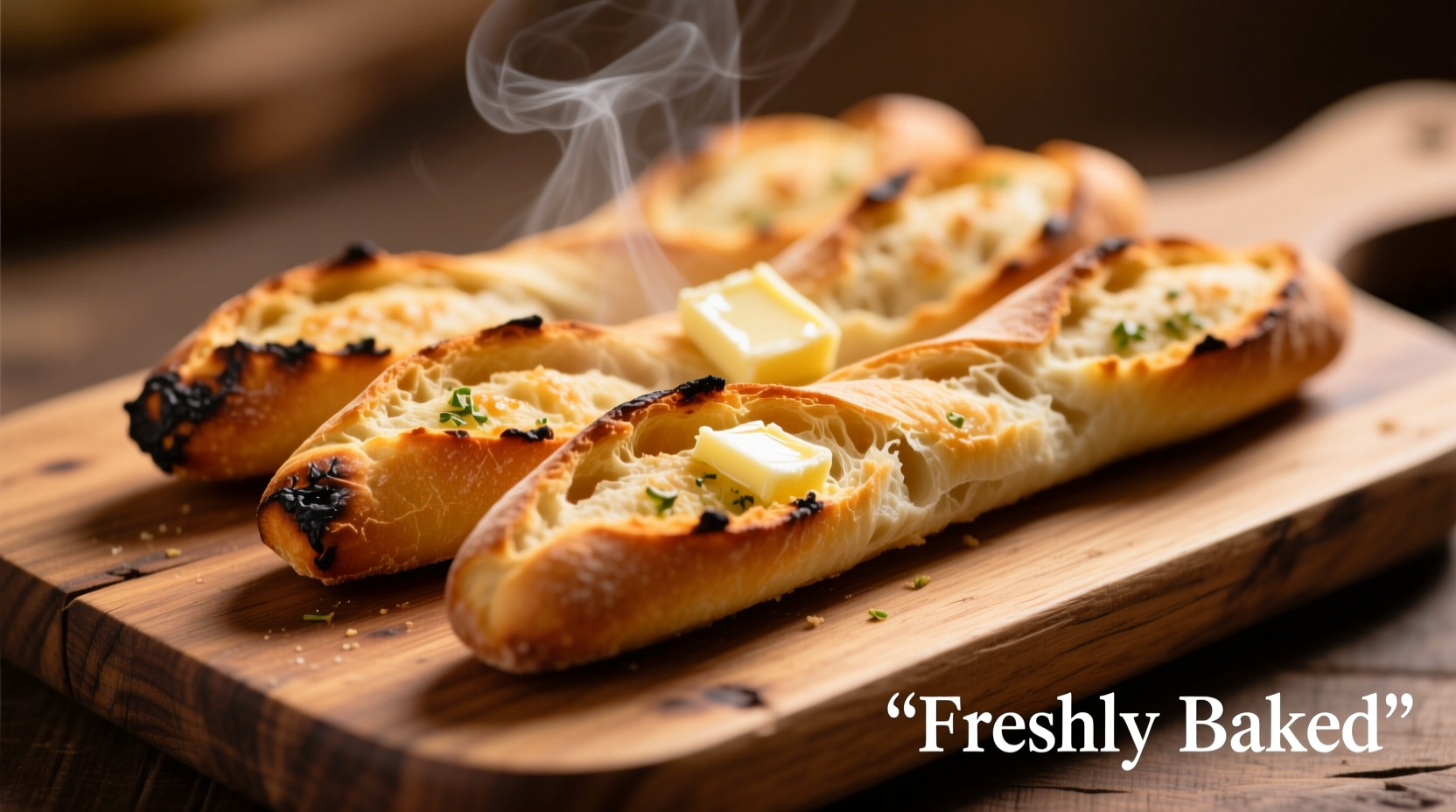 Freshly baked garlic breadsticks on wooden board