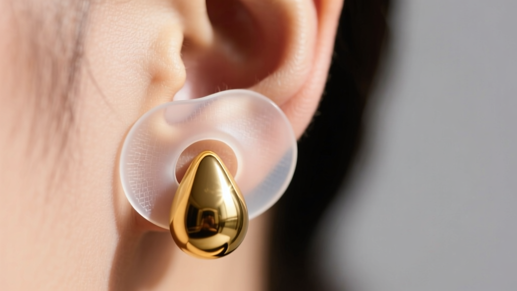 Close-up of a clear silicone earlobe support patch applied behind a heavy gold pear stud earring to prevent tearing and sagging