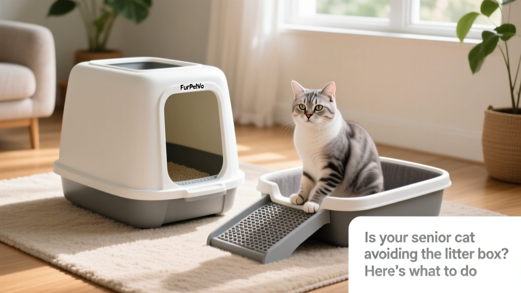 Side-by-side comparison: a high-sided litter box versus a low-entry FurPetVo litter box designed for senior cats