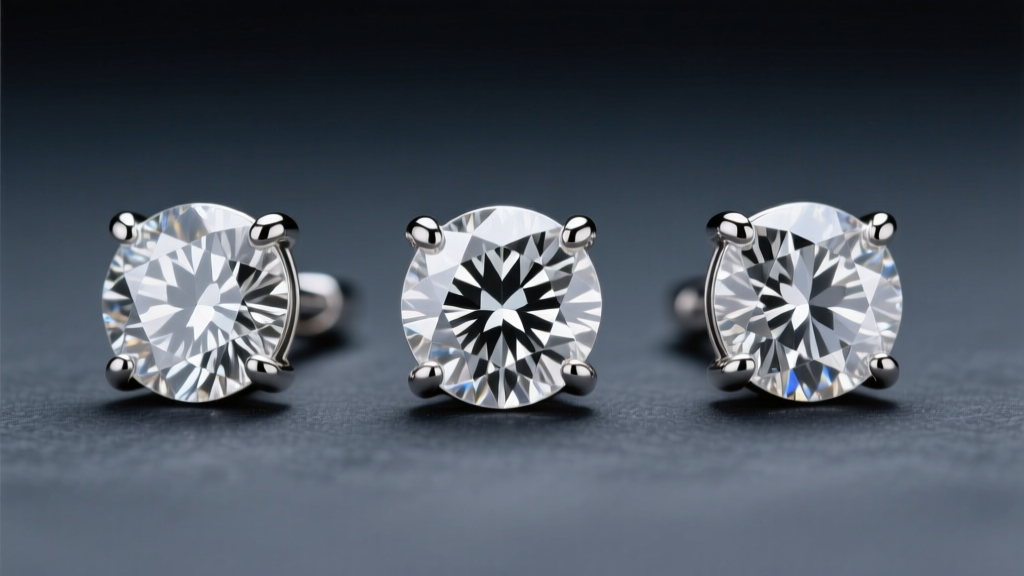 Macro shot of three stone diamond earrings in platinum, showing graduated round brilliants and sturdy prongs against dark slate.