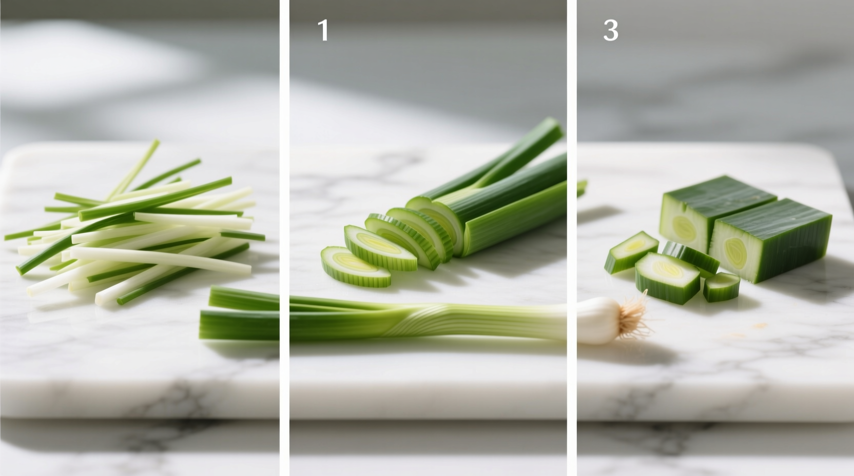 three different ways to slice a scallion depending on