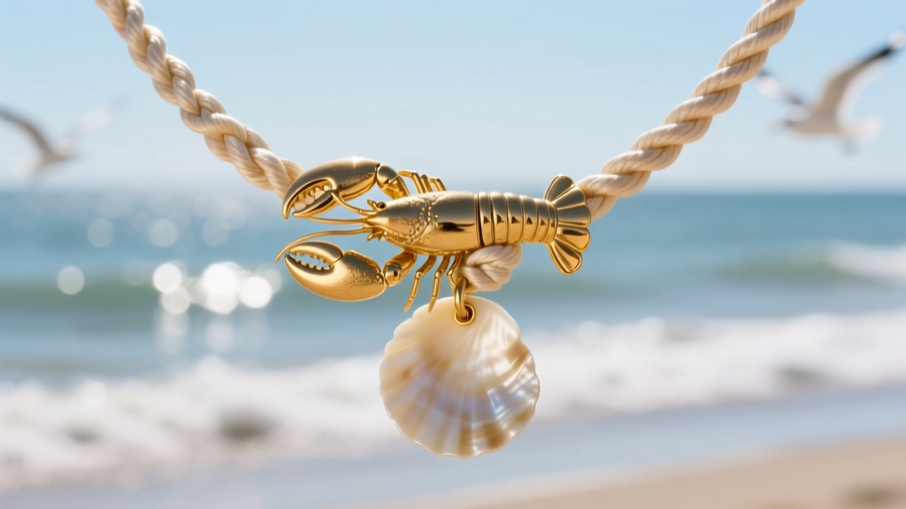 Close-up of a 14k gold lobster clasp securing a knotted silk cord puka shell necklace against a soft blurred ocean background