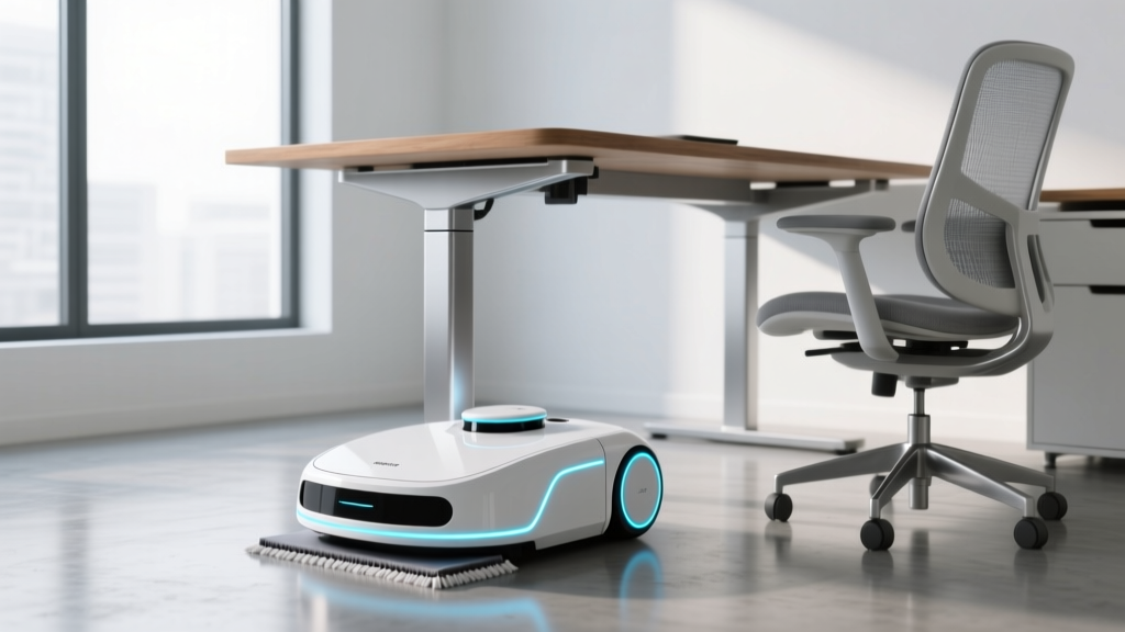A sleek robotic mop and vacuum docked in a modern minimalist home office next to an ergonomic standing desk and chair.