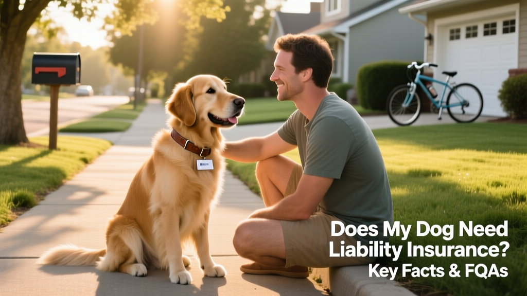 A calm, friendly dog sitting beside its owner on a suburban sidewalk, illustrating responsible pet ownership