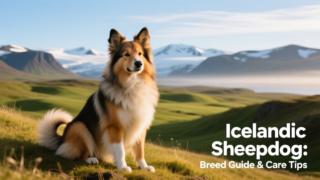 A smiling Icelandic Sheepdog sitting alertly on a grassy hillside, ears perked and tail curled, with a scenic Icelandic landscape in the background