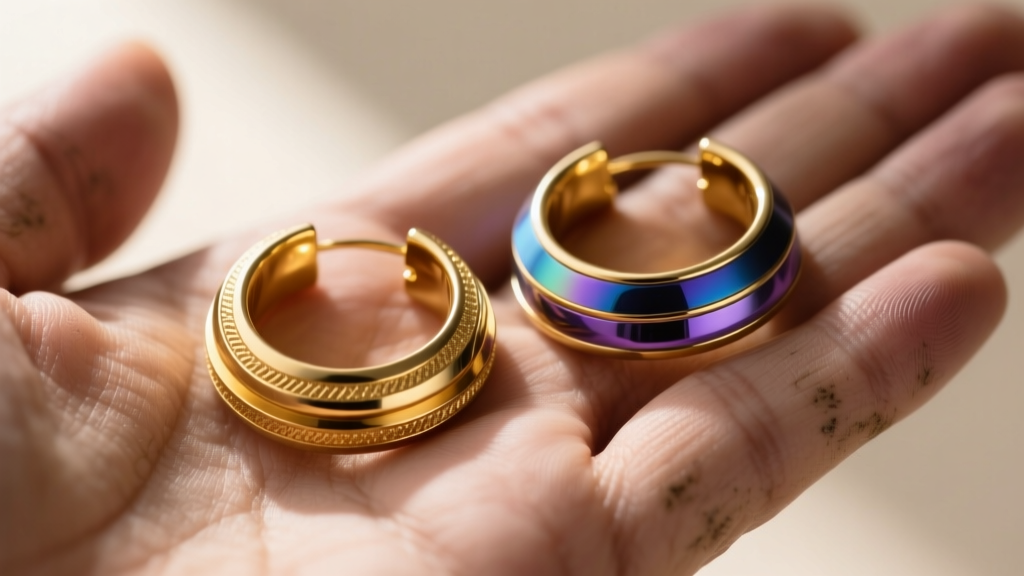 Close-up of gold, titanium, and niobium metal hoop earrings on a jeweler