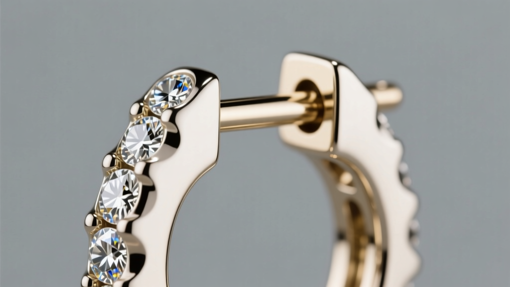 Macro shot of a diamond huggie earring hinge mechanism, highlighting the interlocking post and catch in polished 18k white gold