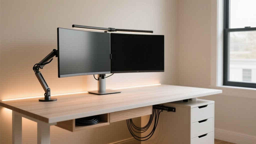 Modern home office desk with dual monitors on an articulated arm, hidden under-desk cable trays, and smart LED accent lighting.
