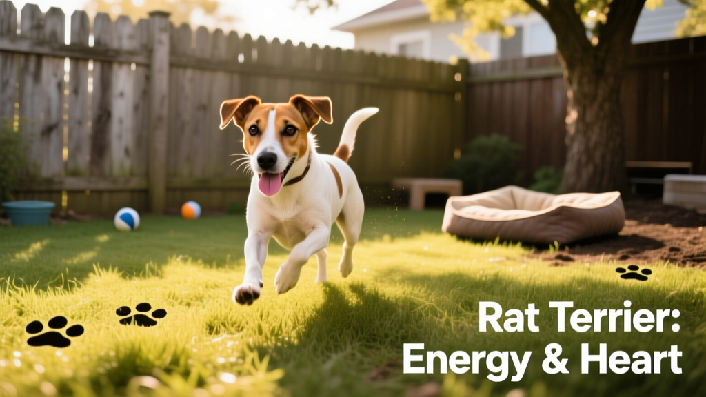 A playful rat terrier mid-run in a grassy, fenced backyard