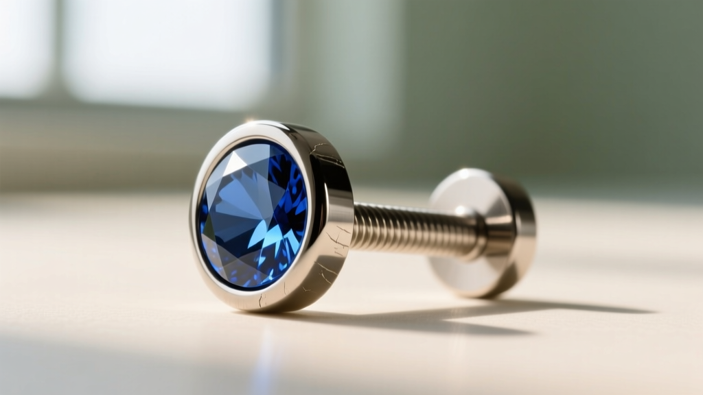 Close-up of a 16-gauge implant-grade titanium threaded labret stud with a bezel-set sapphire against a softly blurred background.