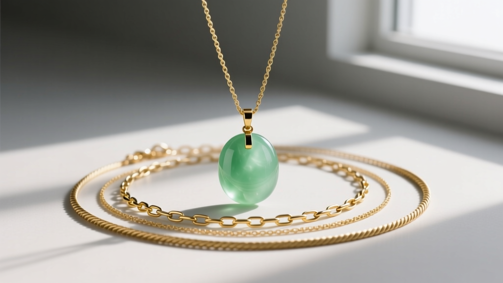 Layered necklace stack with a 16-inch prehnite pendant, an 18-inch gold paperclip chain, and a delicate 22-inch gold rope chain.