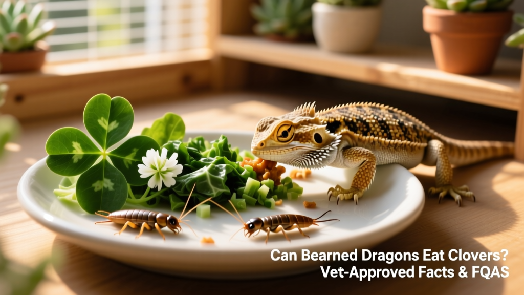 A bearded dragon’s feeding dish with a colorful mix of clover leaves, chopped collard greens, and a few dubia roaches
