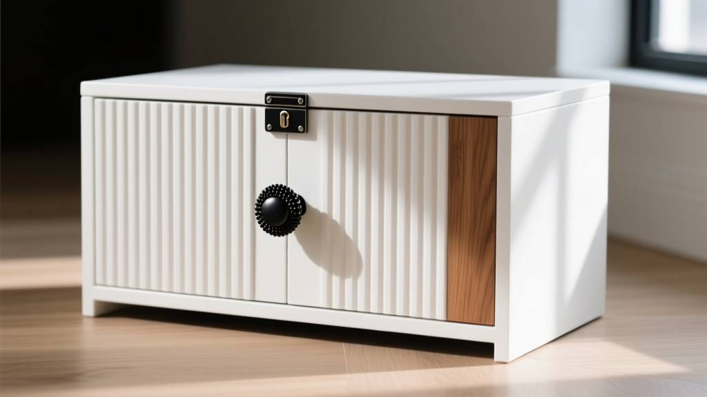 White armoire jewelry box door featuring vertical fluted wood paneling, a knurled matte black knob, and a concealed magnetic lock