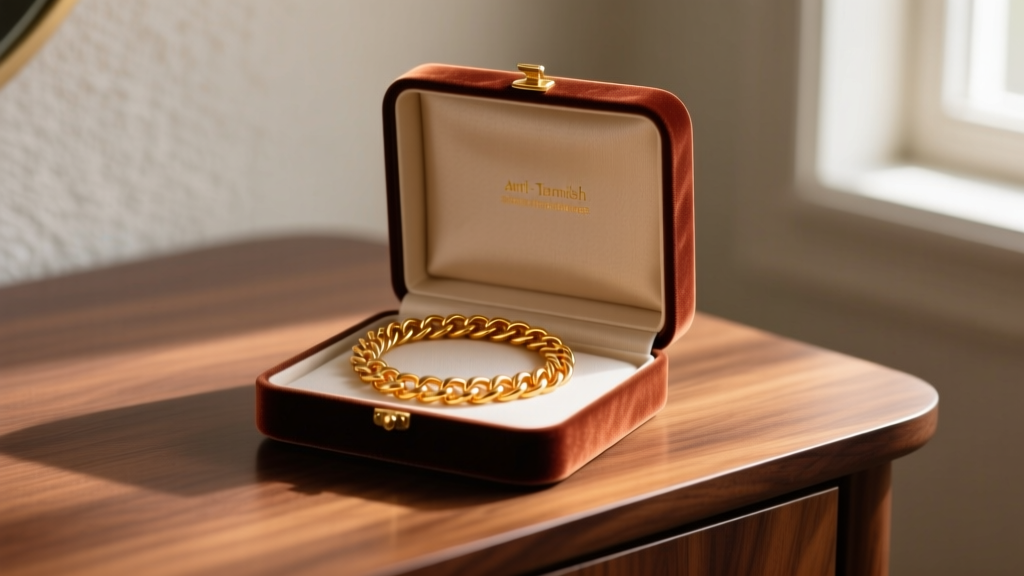 Open anti-tarnish velvet jewelry box containing a neatly coiled marigold chain necklace, placed on a polished wooden vanity table.