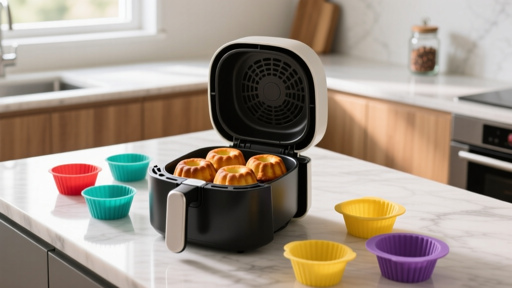 Modern kitchen counter with an open air fryer basket displaying freshly baked mini bundt cakes and colorful silicone baking molds.