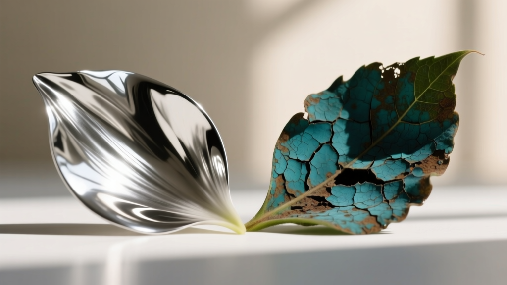 Macro view comparing a polished silver sunflower petal to an oxidized one, highlighting contrast in texture, depth, and shadow.