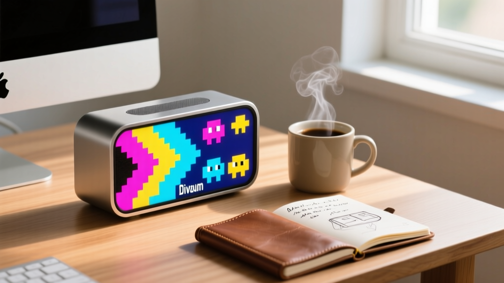 Divoom Ditoo-Mic retro pixel art desktop speaker displaying a colorful 8-bit animation next to a cup of coffee and a notebook