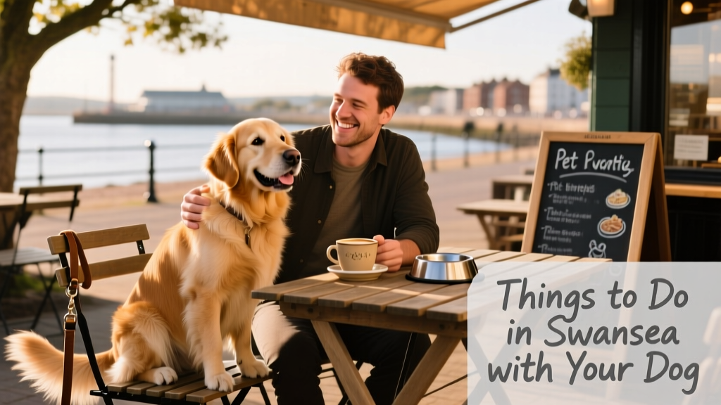 A happy dog sitting beside their human at an outdoor table at a dog-friendly restaurant in Swansea.