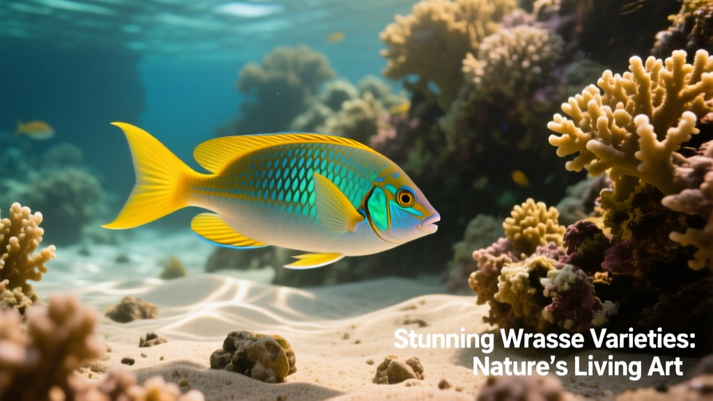 Healthy sub-adult Yellowtail Coris swimming actively in a mature reef aquarium with coral, sand bed, and gentle water flow