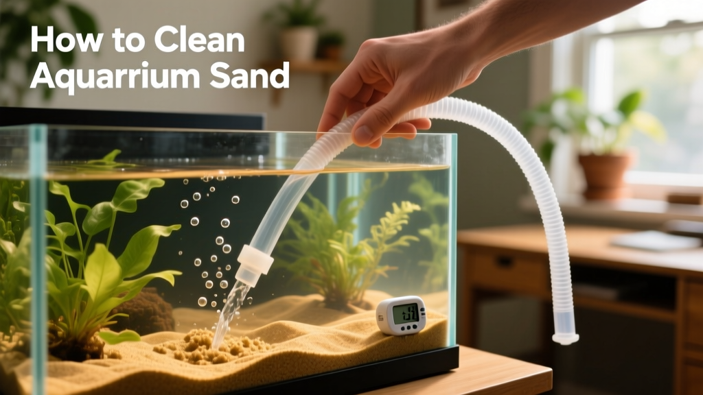 Hand using a siphon tube to clean sand in a freshwater aquarium