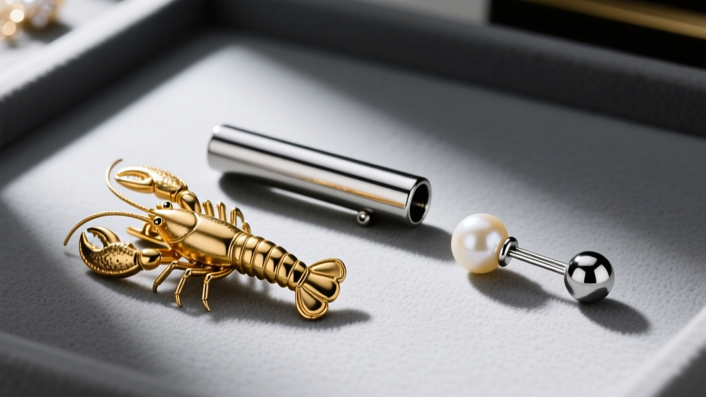 Jeweler bench displaying three pearl clasp types: a magnetic neodymium tube, a gold lobster clasp, and a slide ball clasp.
