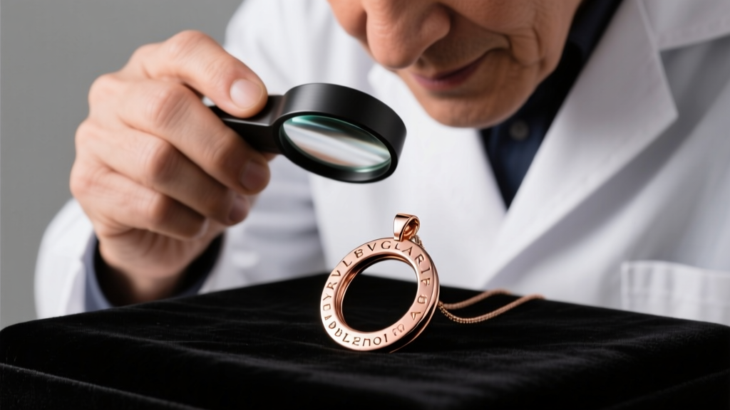 Gemologist using a 20x loupe to inspect the hallmark on an 18k rose gold Bvlgari B.zero1 pendant under bright studio lighting