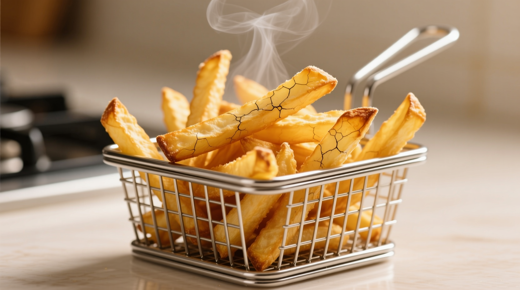 Perfectly golden air fried frozen french fries in basket