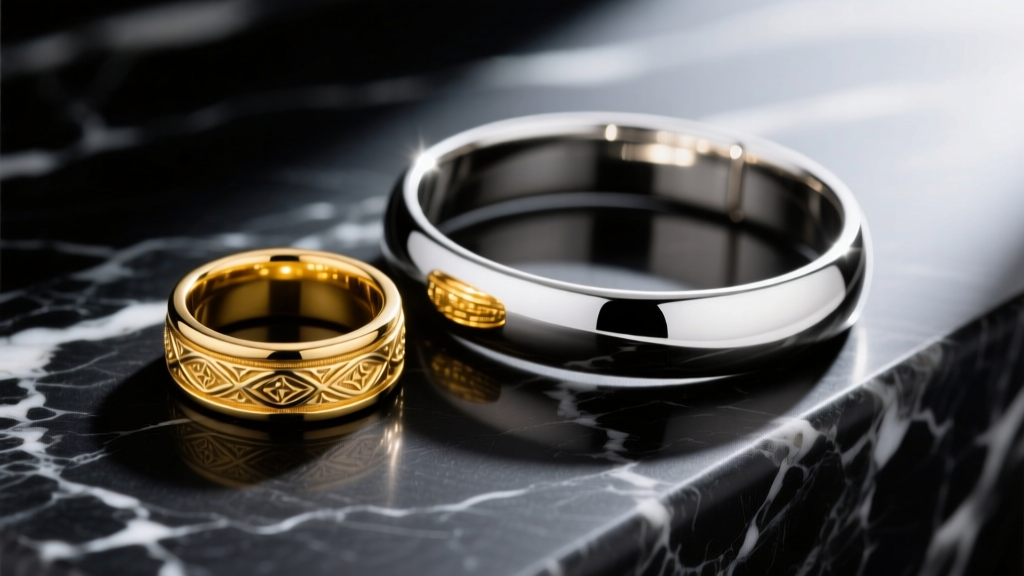 Close-up of a 14k yellow gold stackable ring resting beside a polished sterling silver cuff bracelet on a dark marble surface