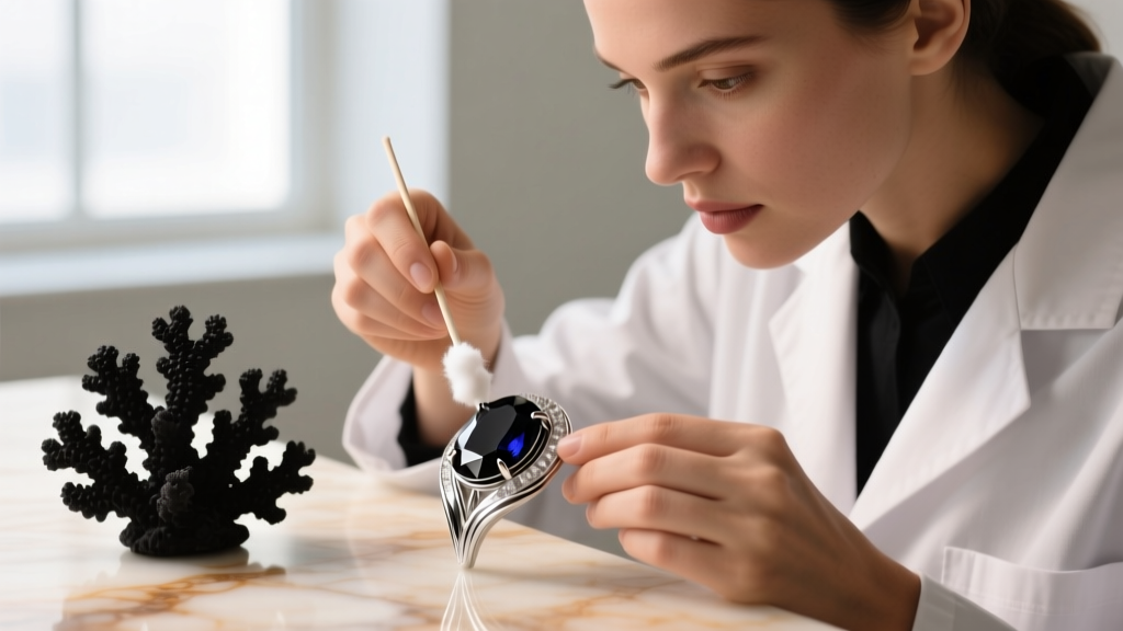 Jeweler using a cotton swab to carefully apply silver polish to the metal setting, avoiding the adjacent black coral gemstone