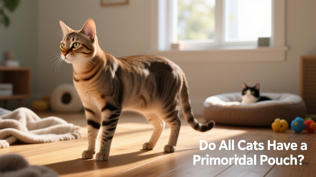 Side-view photo of a lean, healthy cat showing a clearly visible but not excessive primordial pouch