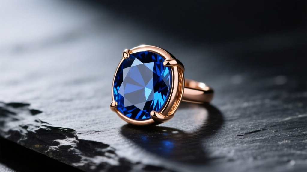 Macro shot of a bezel-set blue sapphire stone earring in 14k gold, resting on dark slate with soft directional lighting.