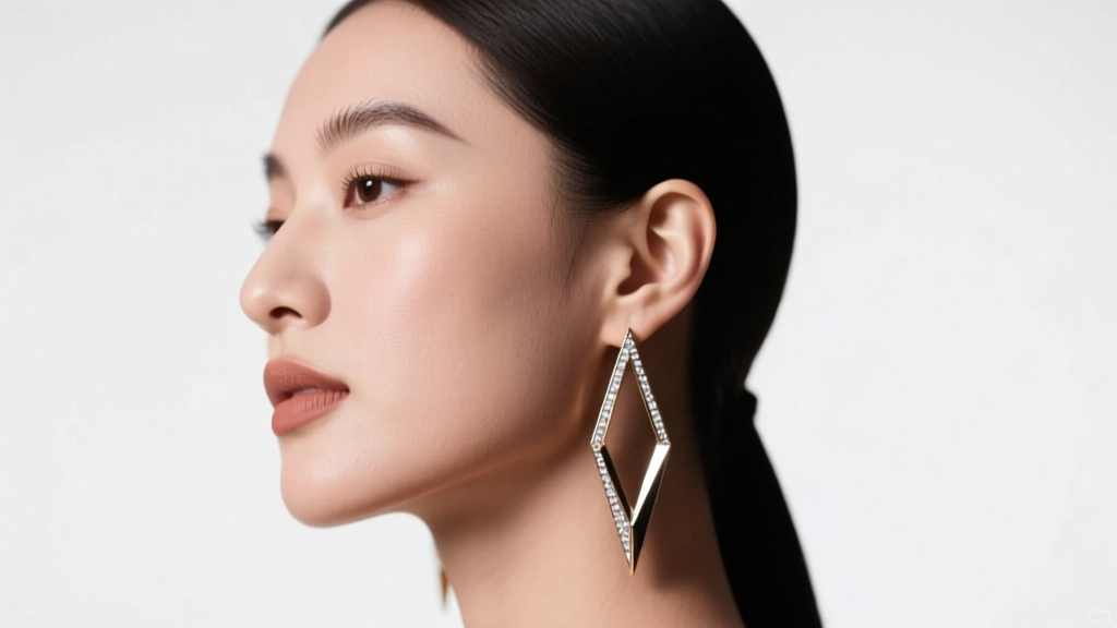 Side profile portrait of a woman with a round face shape wearing long geometric V-shaped cute dangle earrings, studio lighting