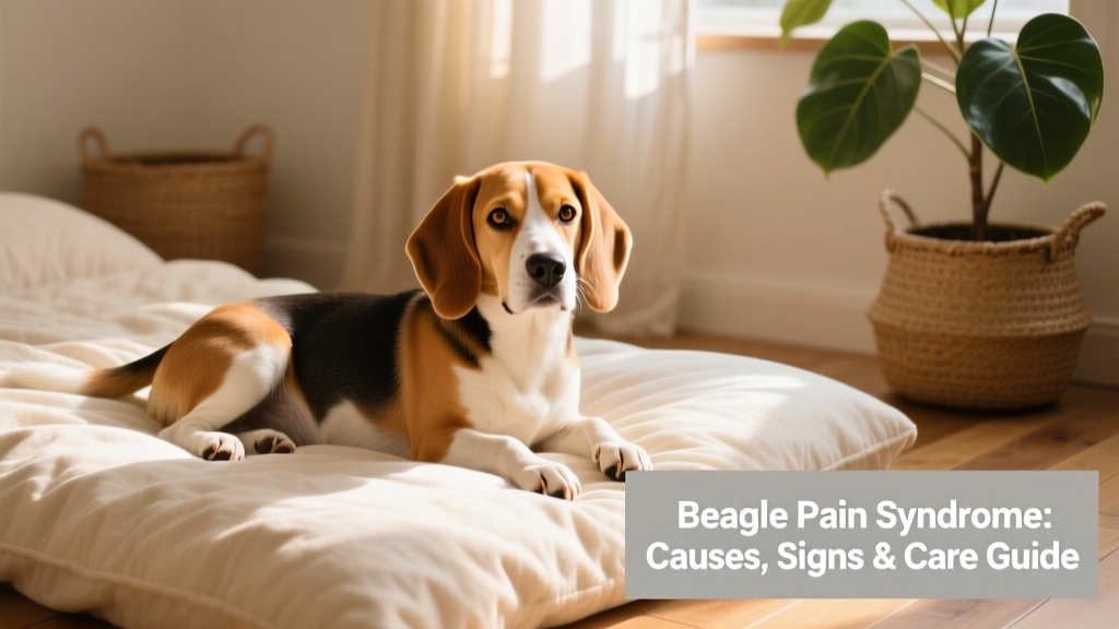 A calm, alert Beagle resting on a soft bed, showing no obvious signs of discomfort