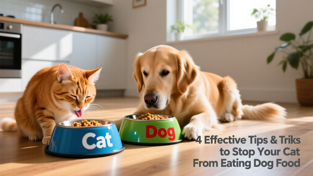 Happy cat eating from its own colorful FurPetVo bowl beside a content dog at its matching bowl