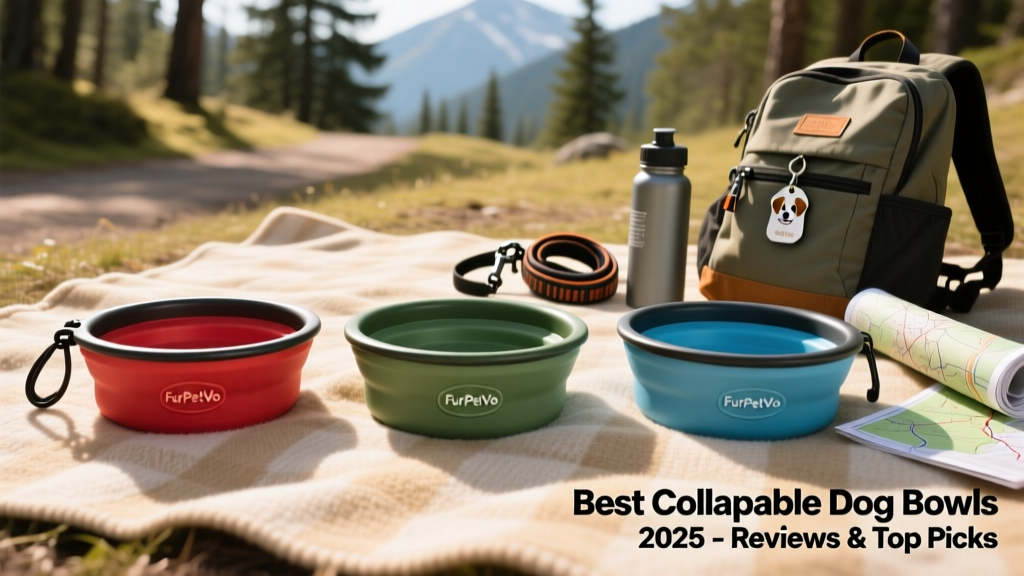 Side-by-side comparison of three FurPetVo collapsible bowls in different colors, laid out on a picnic blanket beside hiking gear