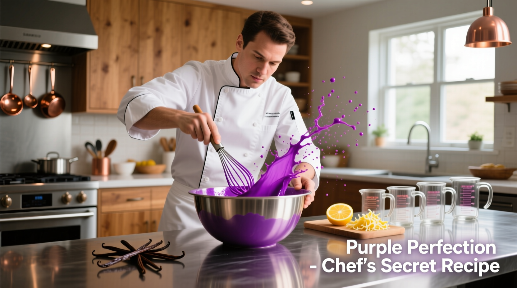 Professional chef mixing purple food coloring in bowl
