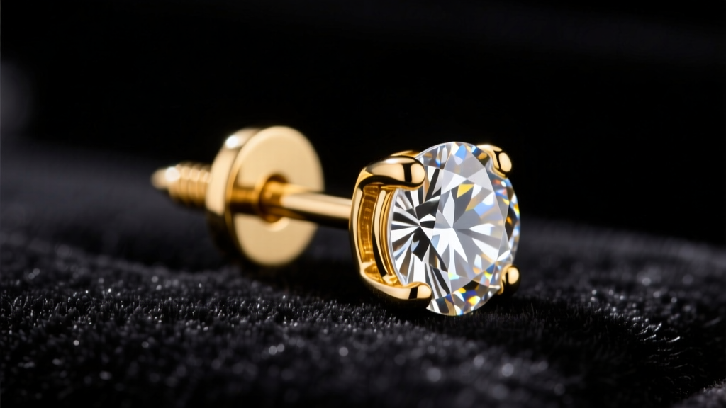 Close-up of an 18-gauge 14k gold diamond stud earring with a threaded screw-back resting on dark velvet under soft studio lighting